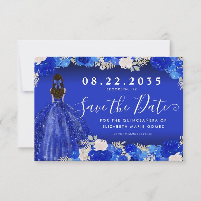 Floral Royal Blue Dress Birthday Quinceanera Save The Date (Front)