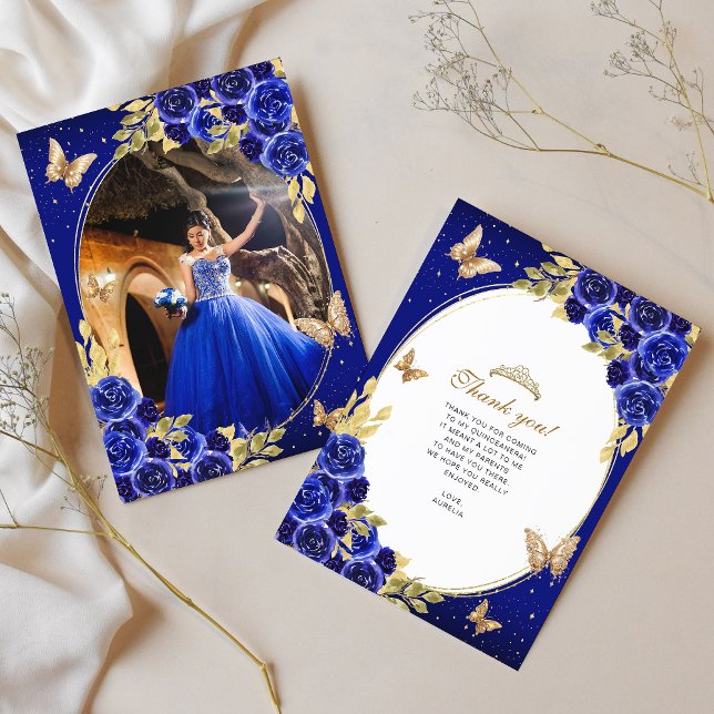 Floral Royal Blue Gold Butterfly Quinceañera Photo Thank You Card (Creator Uploaded)