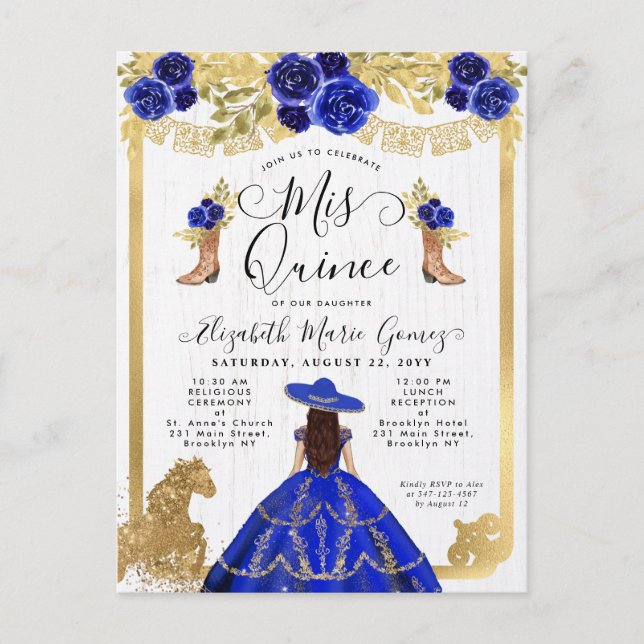 Floral Royal Blue Gold Charra Princess Quinceanera Invitation Postcard (Front)