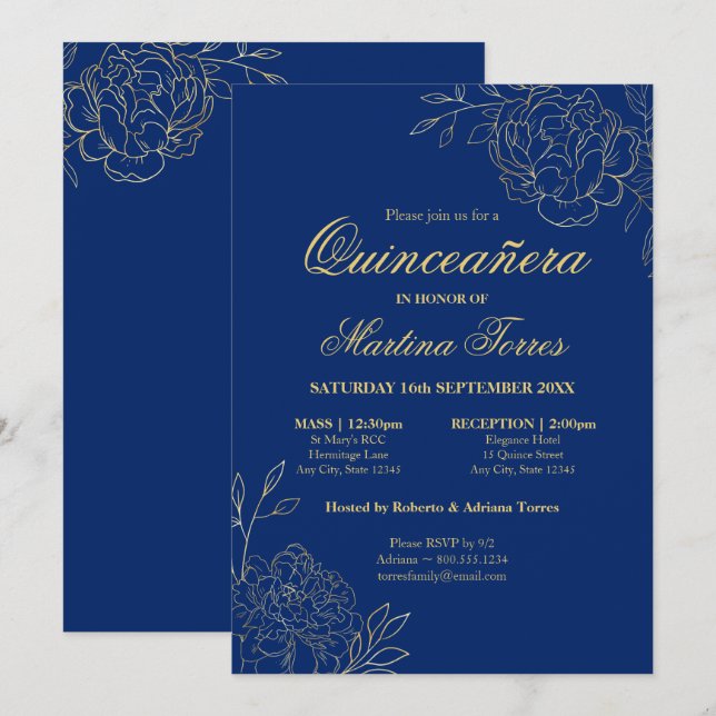 Floral Royal Blue Gold Fine Art Quinceanera Invitation (Front/Back)