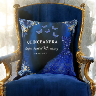 Floral Royal Blue Gold Princess Quinceanera Cushion