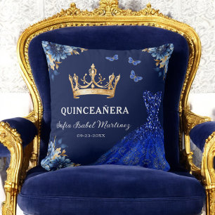 Floral Royal Blue Gold Princess Quinceanera Cushion