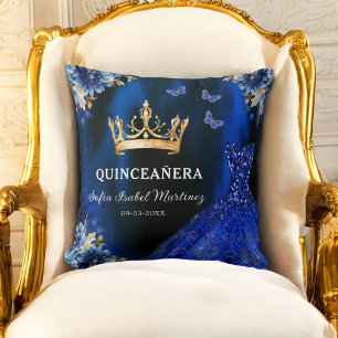 Floral Royal Blue Gold Princess Quinceanera Cushion