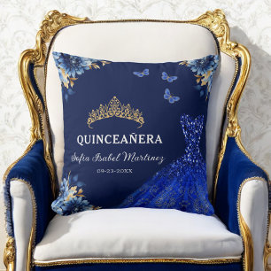 Floral Royal Blue Gold Princess Quinceanera Cushion