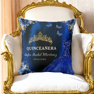 Floral Royal Blue Gold Princess Quinceanera Cushion