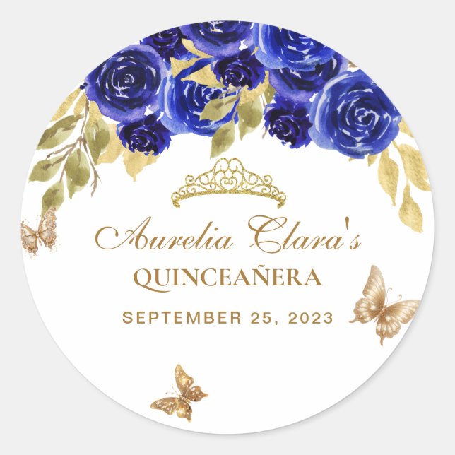 Floral Royal Blue Gold Tiara Butterfly Quinceañera Classic Round Sticker (Front)