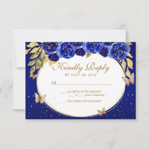 Floral Royal Blue Gold Tiara Butterfly Quinceañera RSVP Card