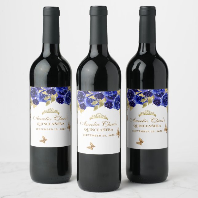 Floral Royal Blue Gold Tiara Butterfly Quinceañera Wine Label (Bottles)