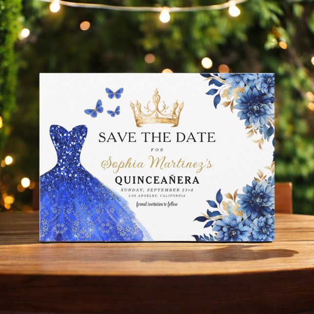 Floral Royal Blue Princess Birthday Quinceanera Save The Date (Creator Uploaded)