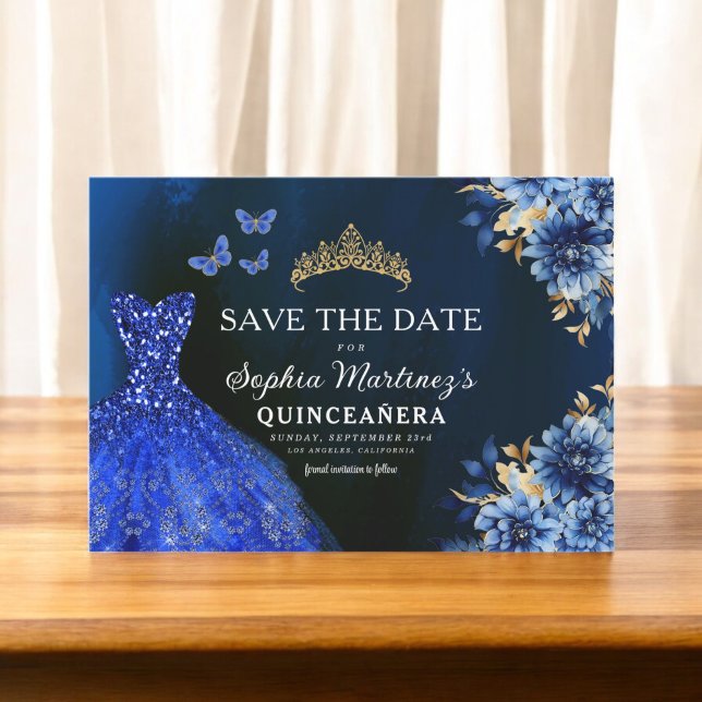 Floral Royal Blue Princess Birthday Quinceanera Save The Date (Creator Uploaded)
