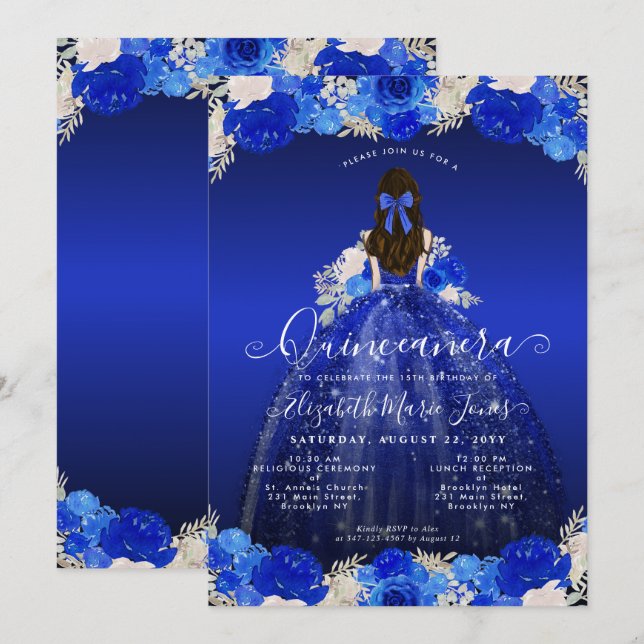 Floral Royal Blue Princess Dress Gown Quinceanera Invitation (Front/Back)