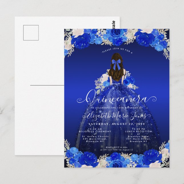 Floral Royal Blue Princess Dress Gown Quinceanera  Postcard (Front/Back)