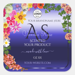 Floral Royal Blue Product Labels Monogram Add Logo