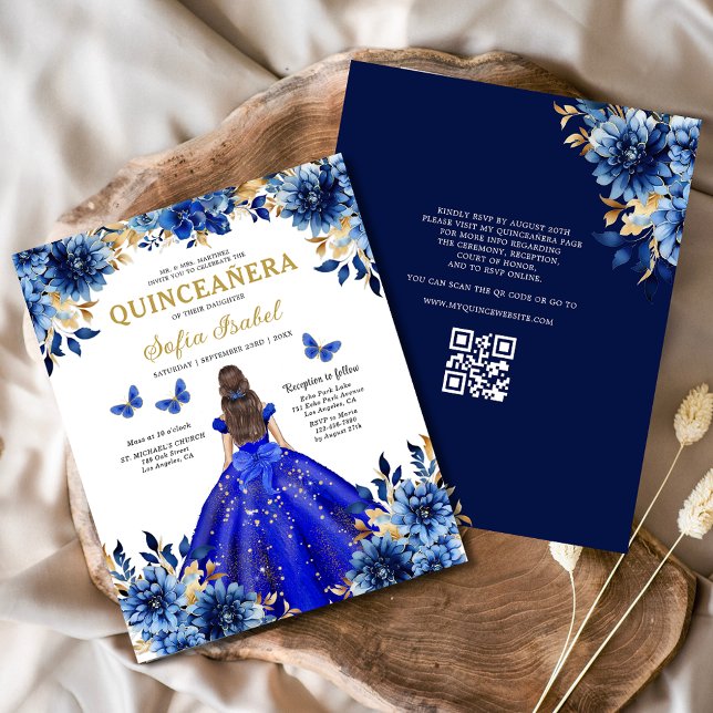 Floral Royal Blue QR Code Princess Quinceanera Flyer (Creator Uploaded)