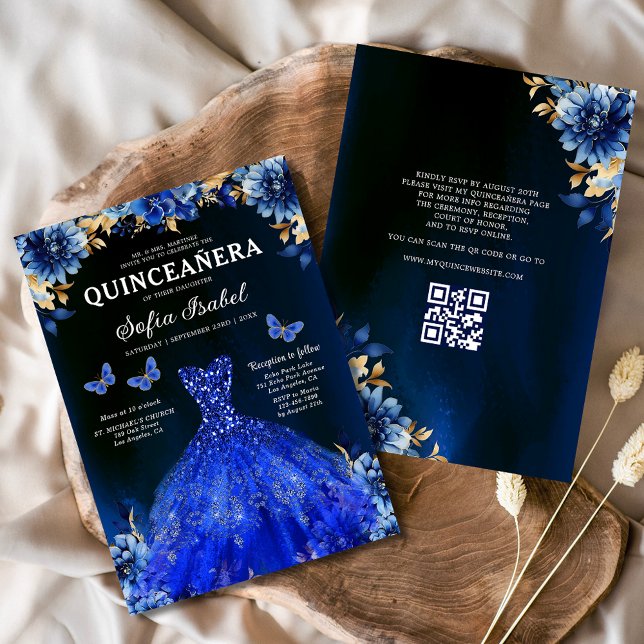 Floral Royal Blue QR Code Princess Quinceanera Invitation (Creator Uploaded)
