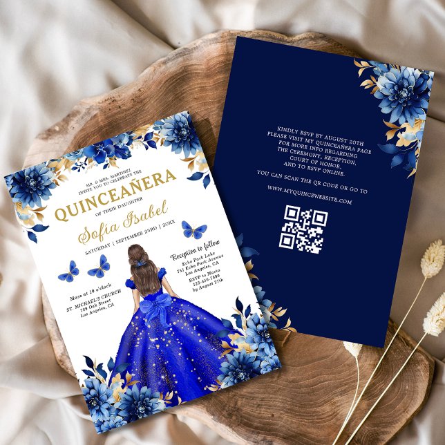 Floral Royal Blue QR Code Princess Quinceanera Invitation (Creator Uploaded)