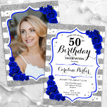 Floral Royal Blue Silver Photo 50th Birthday Invitation<br><div class="desc">Elegant, floral, feminine 50th birthday invitation with your photo at the back of the card. Glam white, royal blue design with faux glitter silver. Features stripes, sapphire blue roses, script font and confetti. Perfect for a stylish adult bday celebration party. Personalise with your own details. Can be customised for any...</div>