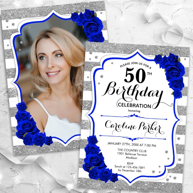 Floral Royal Blue Silver Photo 50th Birthday Invitation (Creator Uploaded)