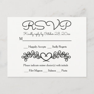 Floral RSVP Black White Wedding Laurel Heart Invitation Postcard