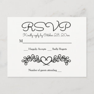 Floral RSVP Black White Wedding Laurel Heart Invitation Postcard