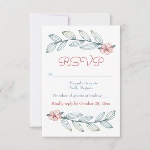 Floral RSVP Blue Grey Laurel Leaves Red Flowers Card