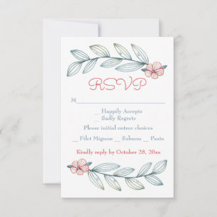 Floral RSVP Blue Grey Laurel Leaves Red Flowers Card