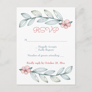 Floral RSVP Blue Grey Laurel Leaves Red Flowers Invitation Postcard
