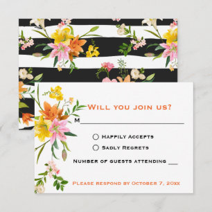 Floral RSVP Lily Flowers Orange White Black Stripe Invitation