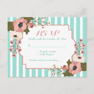 Floral RSVP Mint Green Stripes Wedding Flowers Invitation Postcard