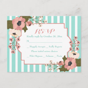 Floral RSVP Mint Green Stripes Wedding Flowers Invitation Postcard