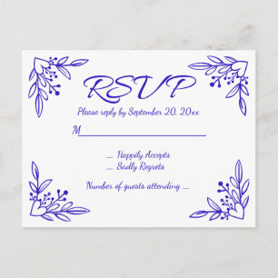 Floral RSVP Navy Blue Cobalt Wedding Flowers Invitation Postcard