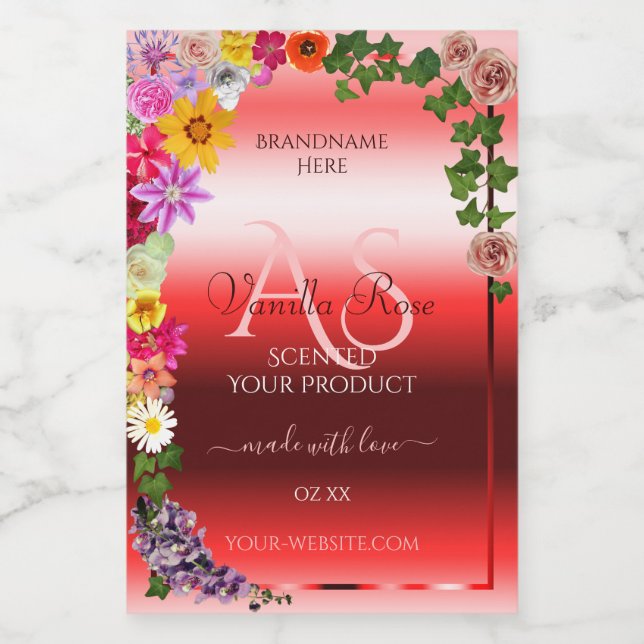 Floral Ruby Red Gradient Product Labels Monogram (Single Label)