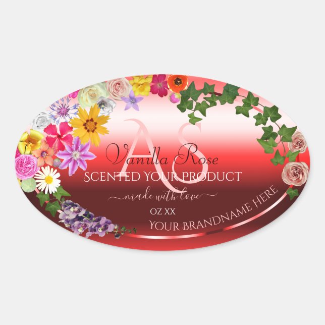 Floral Ruby Red Gradient Product Labels Monogram (Front)
