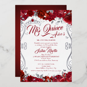Floral Ruby Silver Red Mis Quince Quinceanera 