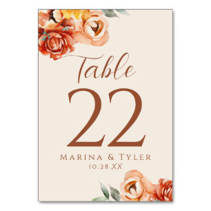 Floral Rust Beige Wedding Table Number Cards