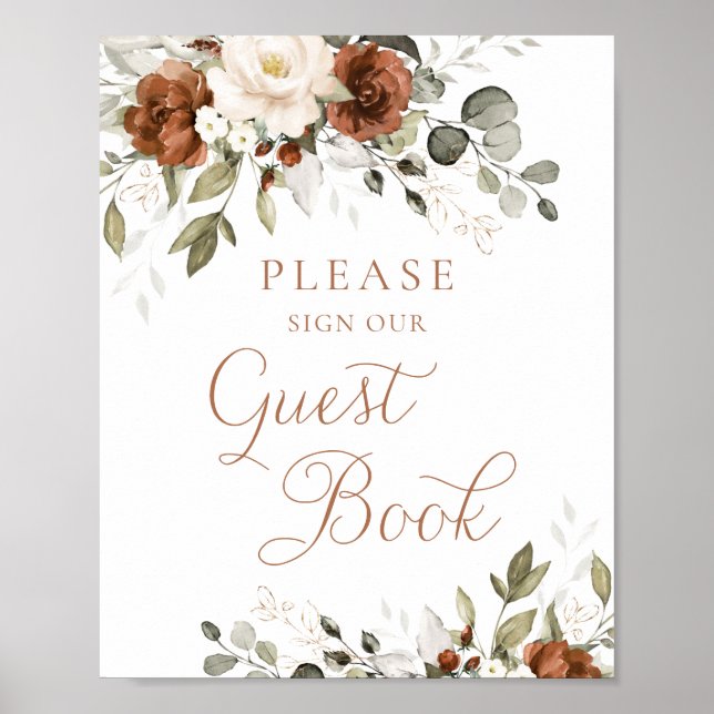 Floral Rust Cream Greenery Wedding Guest Book Sign (Front)
