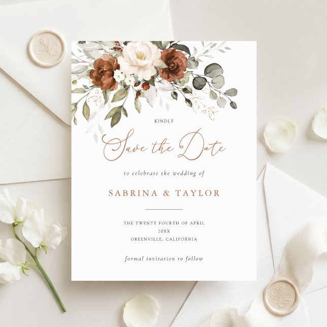 Floral Rust Cream Greenery Wedding Save The Date Invitation (Creator Uploaded)