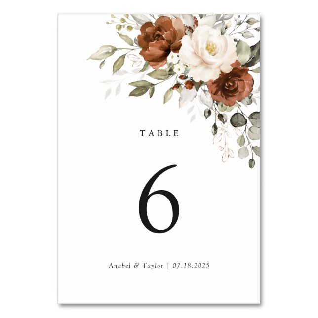 Floral Rust Cream Greenery Wedding Table Card (Front)