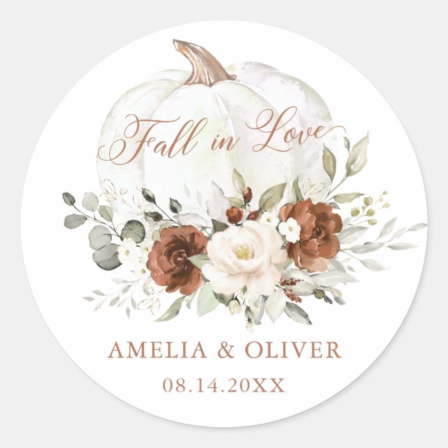 Floral Rust Cream Pumpkin Fall in Love Wedding Classic Round Sticker (Front)