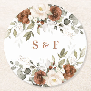 Floral Rust Greenery Gold Wedding Round Paper Coaster