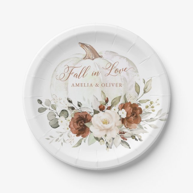 Floral Rust Greenery Pumpkin Wedding Fall in Love Paper Plate (Front)