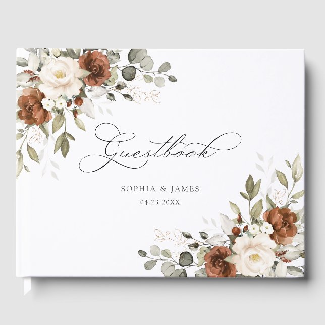 Floral Rust Ivory Cream Greenery Fall Wedding Guest Book (Front)