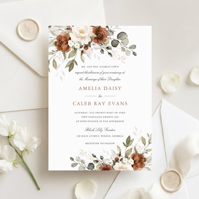 Floral Rust Ivory White Greenery Wedding Invitation (Creator Uploaded)