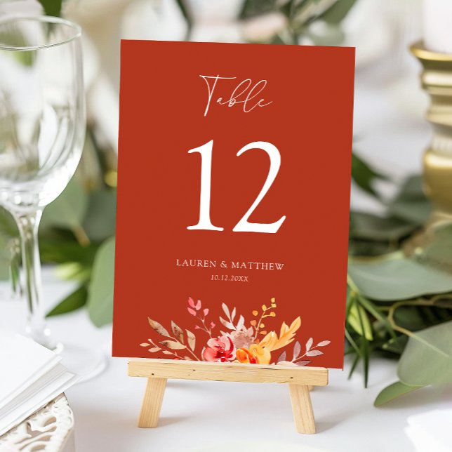 Floral Rust Orange Elegant Wildflower Fall Wedding Table Number (Bold and vibrant rust orange with floral softness and elegant typography. Perfect for fall weddings.)