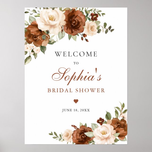 Floral Rust Peach Greenery Orange Bridal Shower Poster (Front)