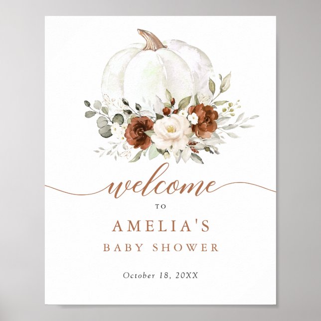 Floral Rust Pumpkin Baby Shower Welcome Sign (Front)