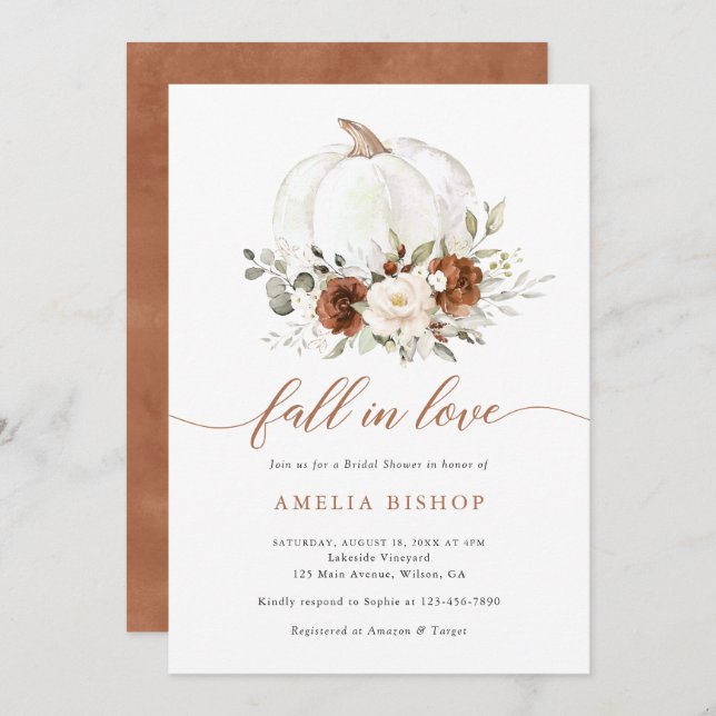 Floral Rust Pumpkin Fall in Love Bridal Shower Invitation (Front/Back)