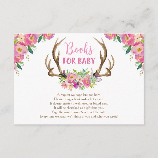 Floral rustic antler girl books for baby shower enclosure card (Front)