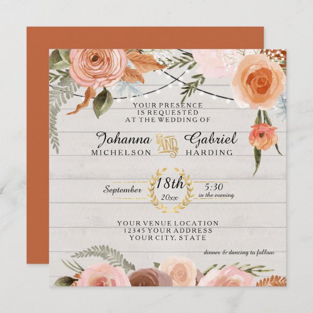 Floral Rustic Blush Burnt Orange Wood Leaf Foliage Invitation (Front/Back)