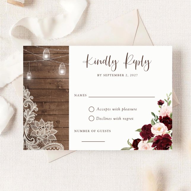 Floral Rustic Burgundy Wood Lace String Lights Invitation (Creator Uploaded)